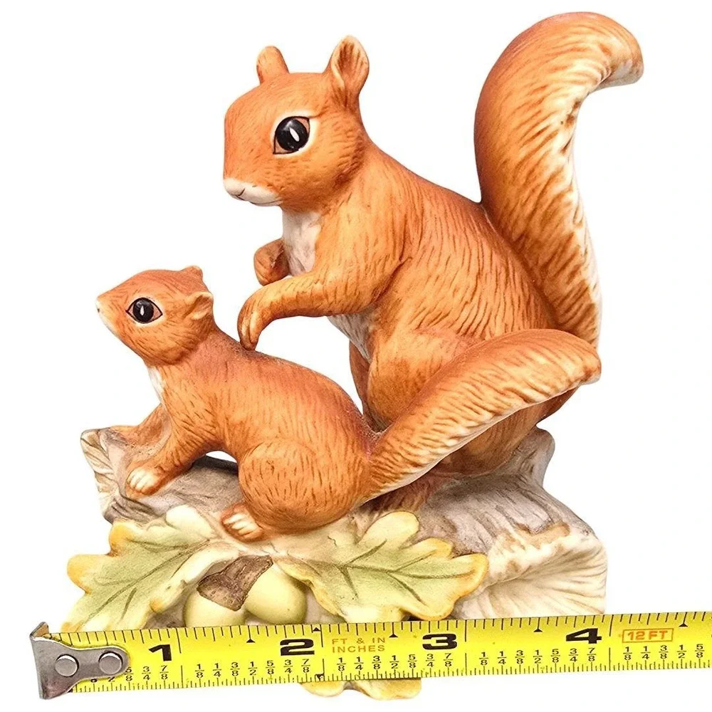Vintage HOMCO #1457 Squirrel Mom & Baby Figurine Woodland Ceramic Log Leaves